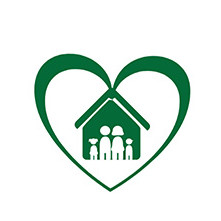 Icon of a family standing in a home, within a heart shaped-border
